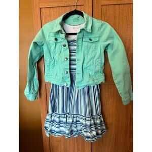 Kid Pik Jacket Denim Dress Set Turquoise Blue Striped Girls XL 14